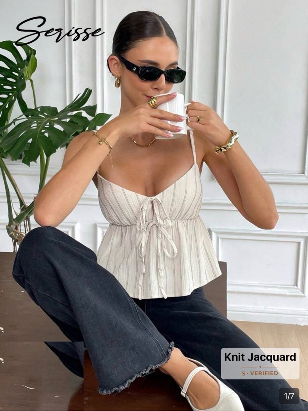 SHEIN Serisse Women’s Striped Cream Tie-Front Spaghetti Strap Cami Top -XS
